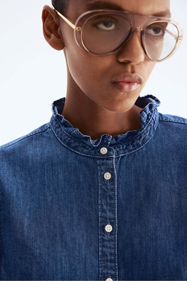 Frill-trimmed denim blouse