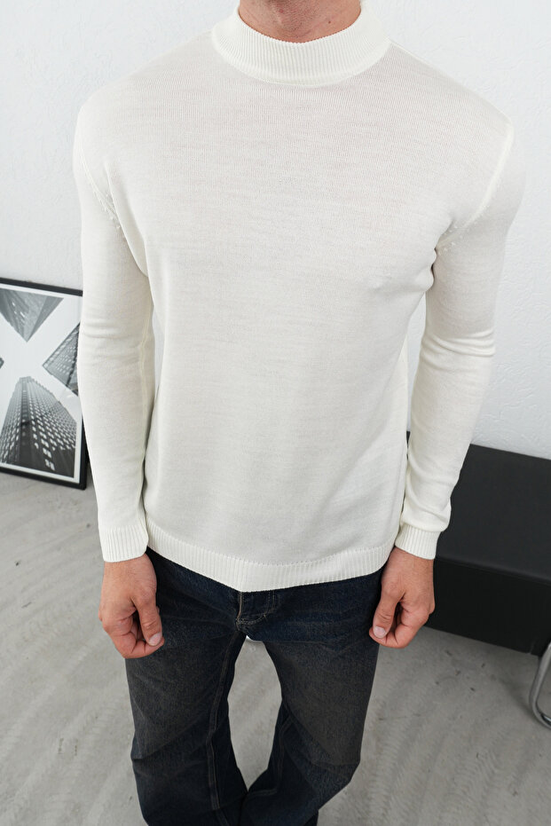 Yarım Balıkçı Regular Fit Boğazlı Erkek Kazak Ekru - 1