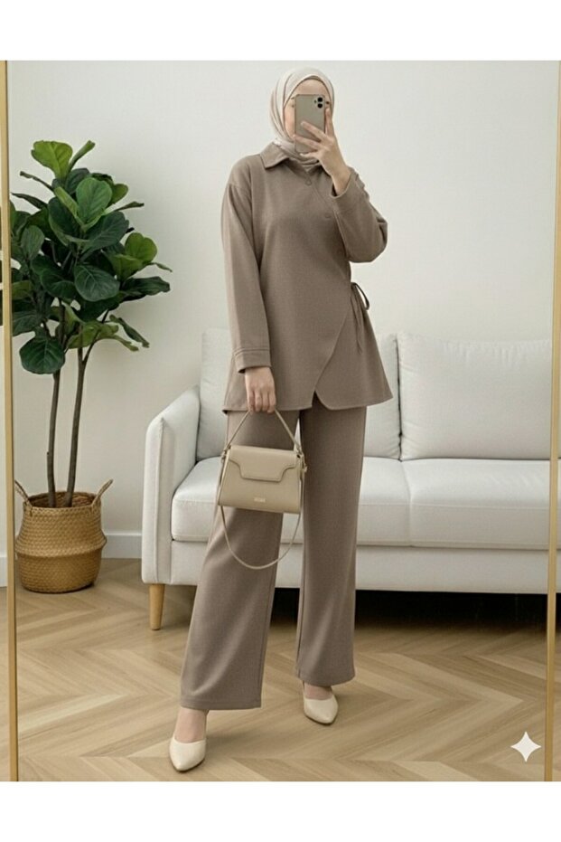 Cross Buttoned Side Tie Wool Effect Suit - Light Brown