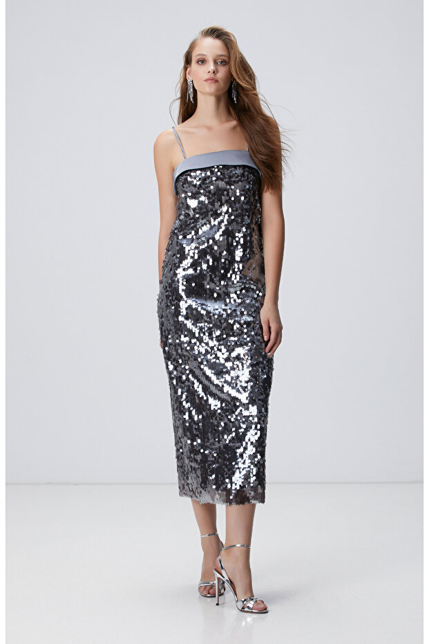 Antrasit Payetli Abiye Elbise - 3