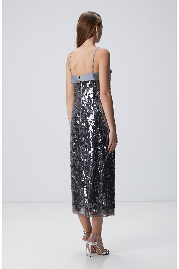 Antrasit Payetli Abiye Elbise - 5