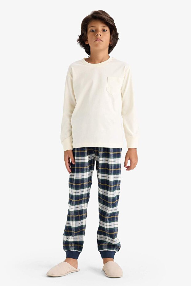 Erkek Çocuk Pijama Takımı Uzun Kollu Üst Kareli Uzun Alt F1008A825WN - 1