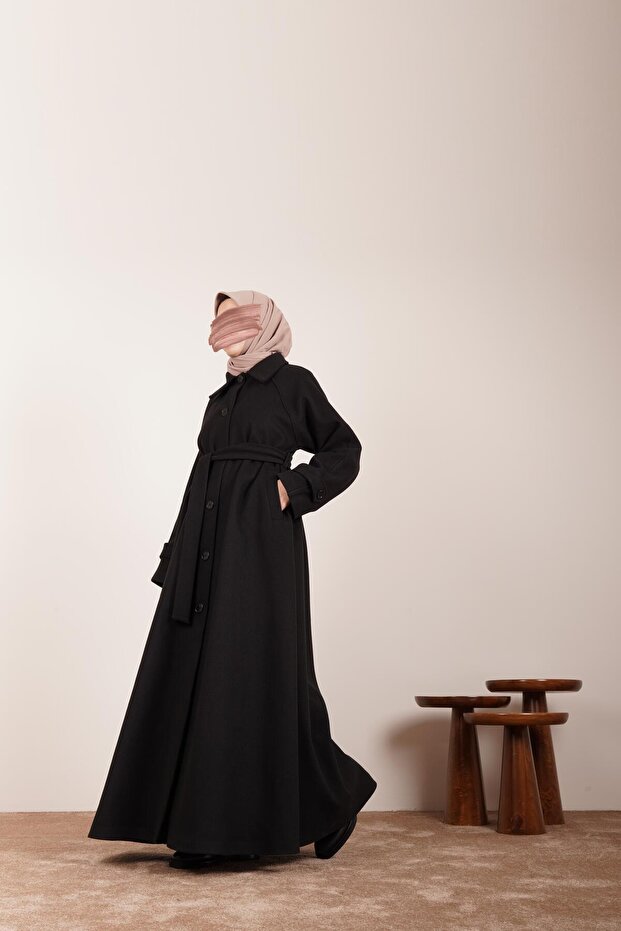 Düğmeli Kloş Kaban-Siyah - 4