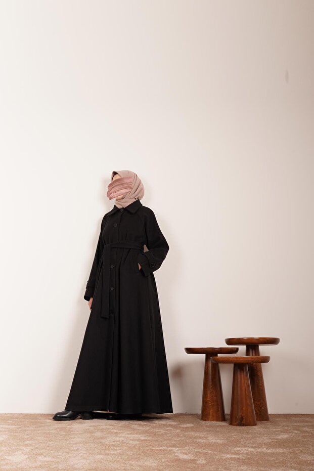 Düğmeli Kloş Kaban-Siyah - 1