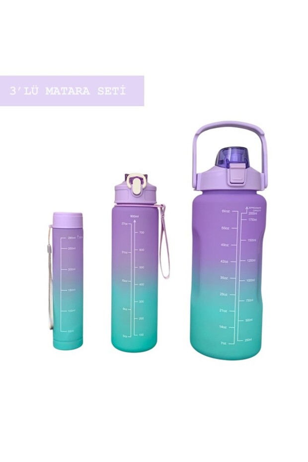 Purple, Set of 3 - Flask Set with Stickers and Straws - 2000ml, 900ml, 300ml - 1