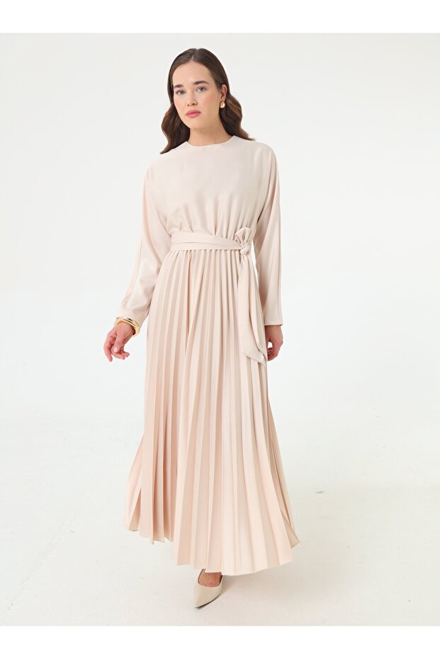 Long Hijab Dress with Pleated Waist and Tie - Beige -