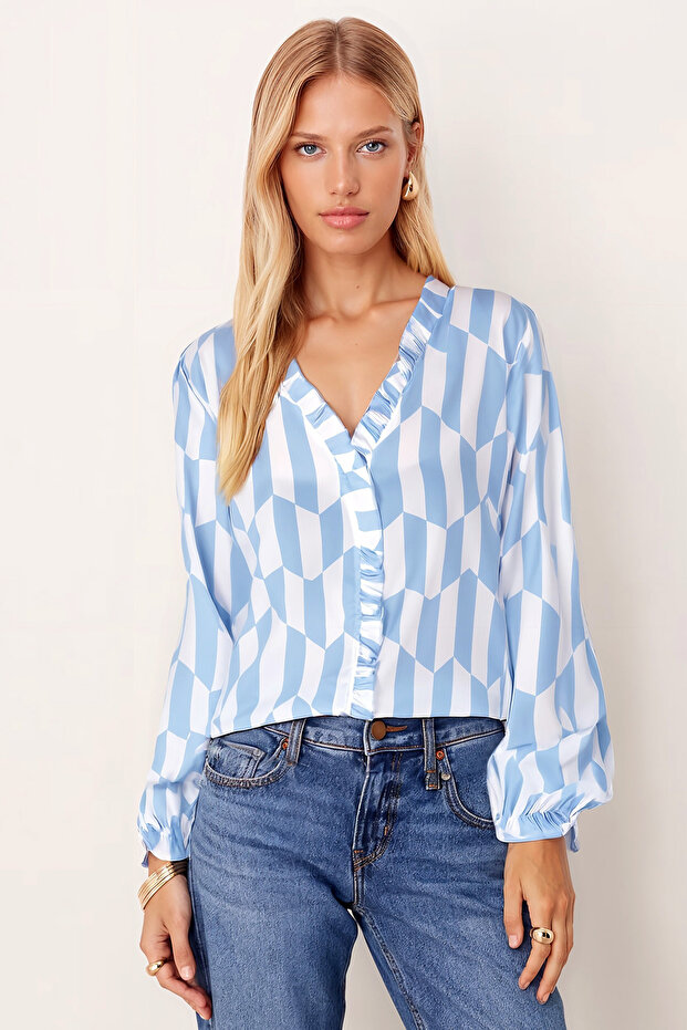 Women's Baby Blue Ruffled Collar and Front Ruffled Long Sleeve Blouse with Elastic Sleeves Arm-25Y001015