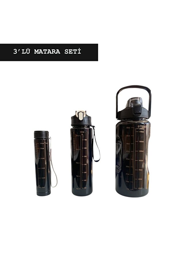 Black, Set of 3 - Flask Set with Stickers and Straws - 2000ml, 900ml, 300ml - 1