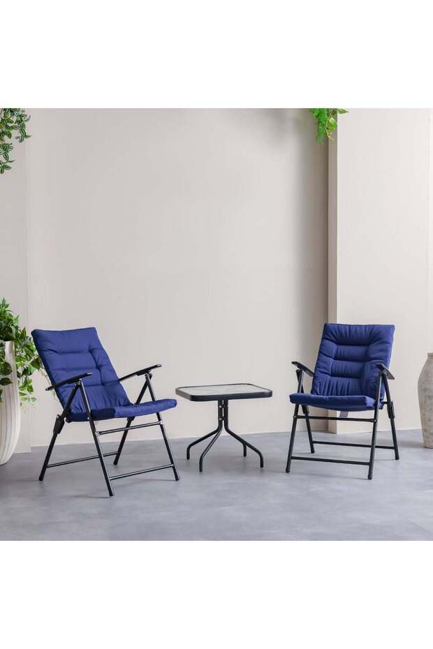 Vista 1 + 2-Seater Balcony Set - Blue Steel Folding Chairs & Coffee Table - Outdoor Living
