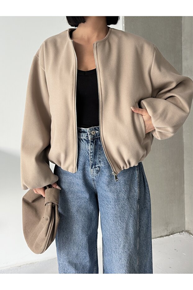 Kadın Bej Kaşe Bomber Ceket - 1