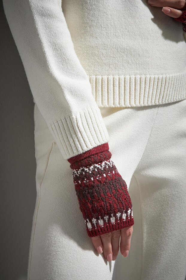 Desenli Bordo Triko Eldiven - 5