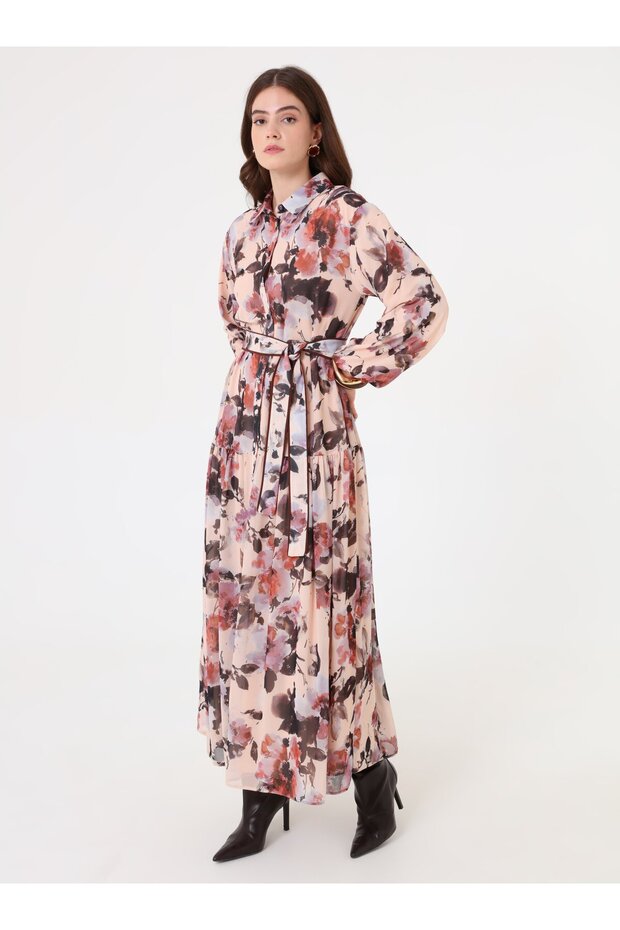 Shirt Collar Floral Print Belted Long Modest Dress - White - pink -
