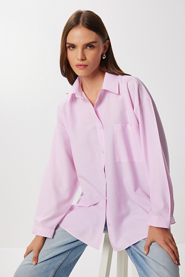 Striped Oversize Woven Shirt Ldz0050 Pink