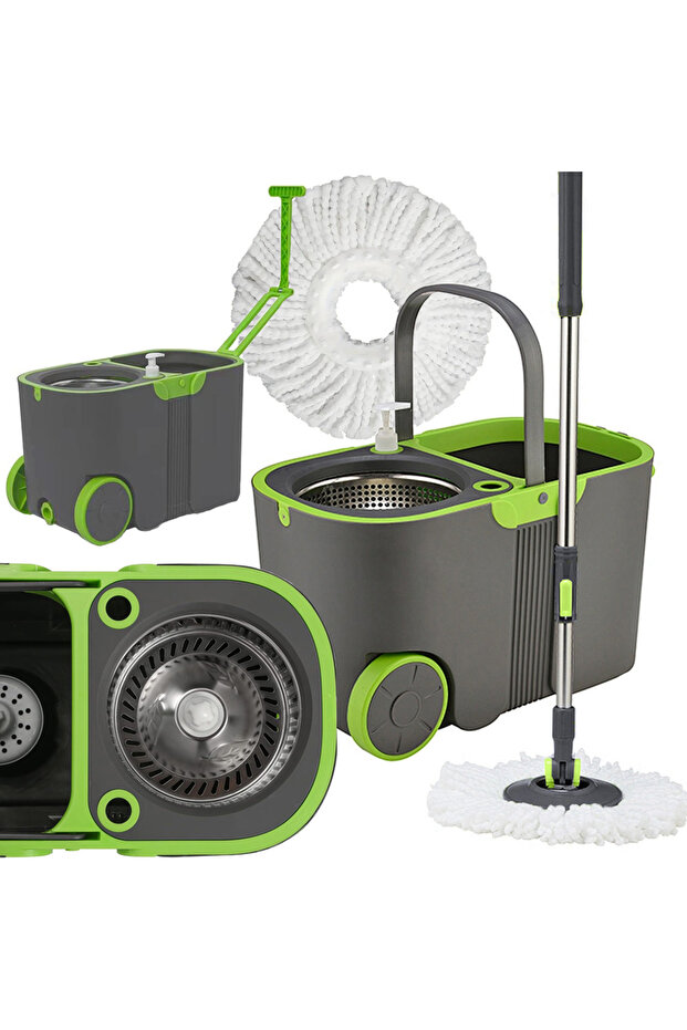 Rotating mop set with 360° bucket, adjustable handle, stainless steel spinner, wheels, detergent container - 1
