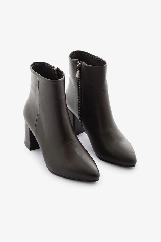 Kahve Hakiki Deri Bot Fermuarlı Kısa Topuklu Kadın Bot - 2