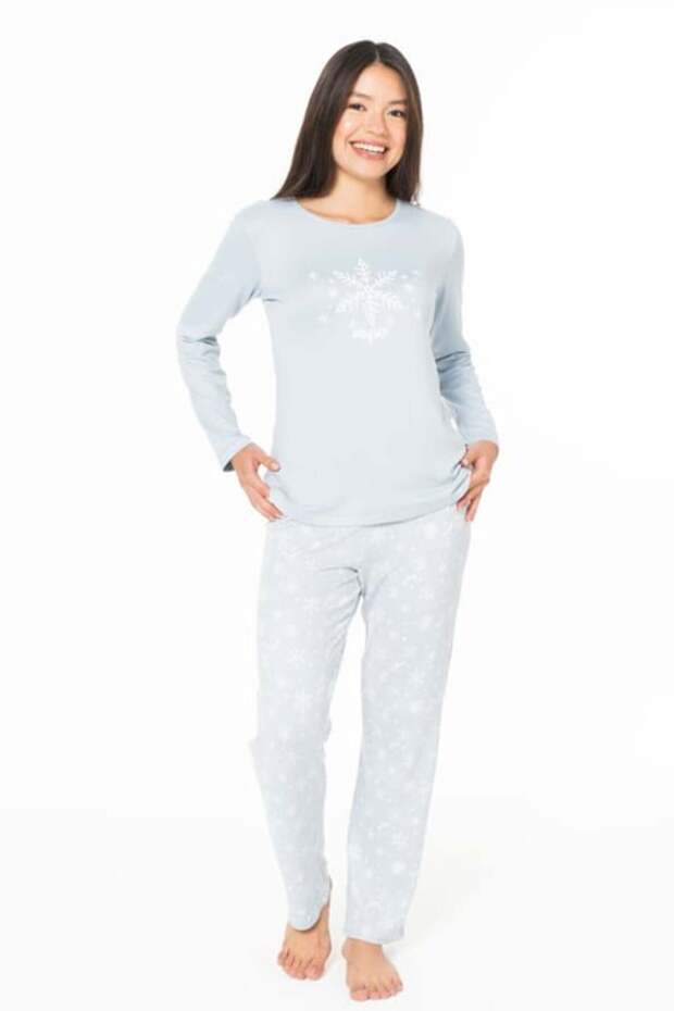 Women's Crew Neck Long Sleeve Patterned Pajama Set S26151 Comfortable Fabric