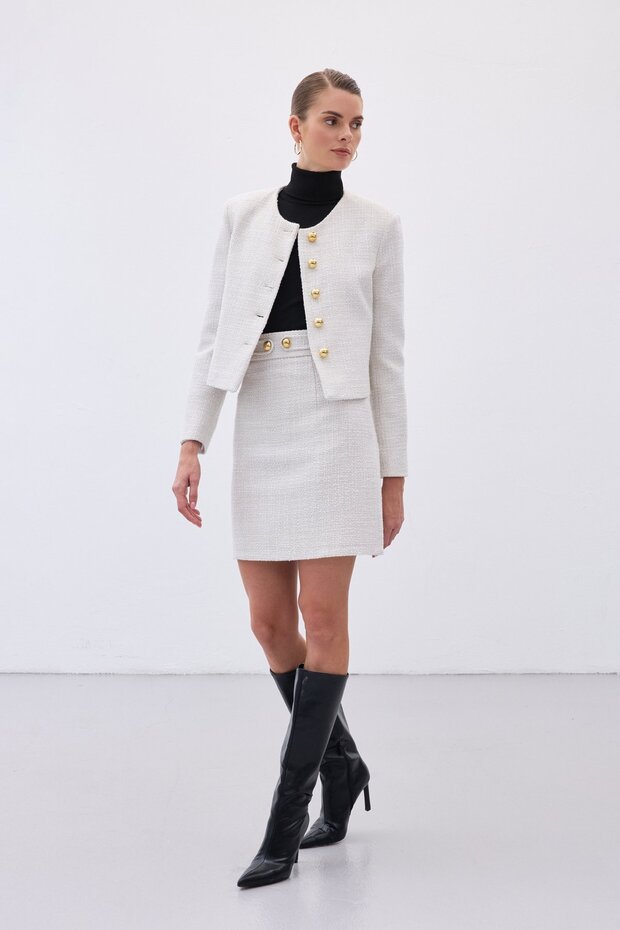 Button Detailed Mini Tweed Skirt - Stone