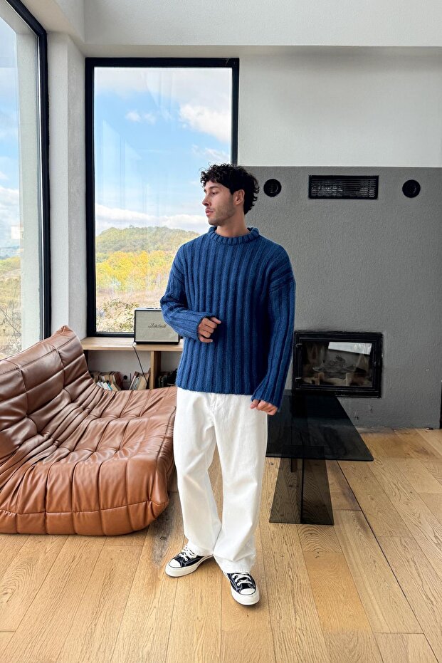 Ters Örme Triko Kazak Mavi - 3