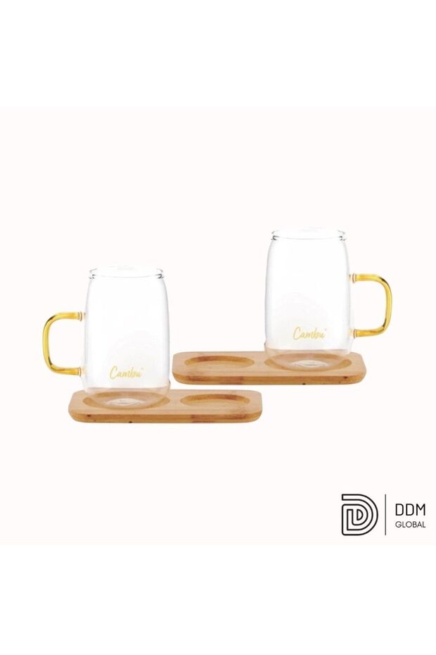 Bambu Tabaklı Borosilikat Kupa Seti 4 Parça – 2x280 ml Kupa + 2 Bambu Tabak - 1