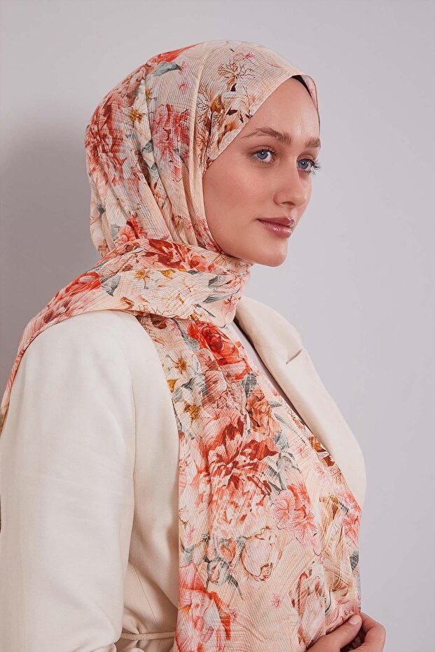 Salmon Rose Pattern Cotton Shawl - 1