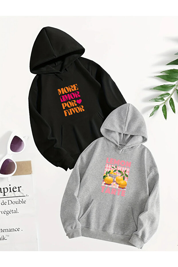 Popular Trend Printed Hooded Loose Fit 2-Piece Set Sweatshirt