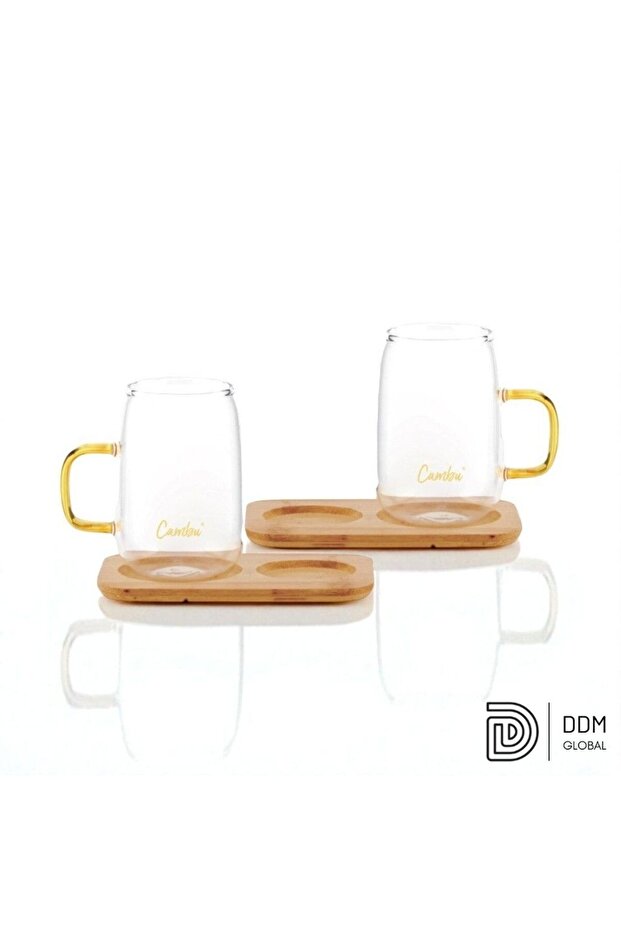 Bambu Tabaklı Borosilikat Kupa Seti 4 Parça – 2x280 ml Kupa + 2 Bambu Tabak - 2