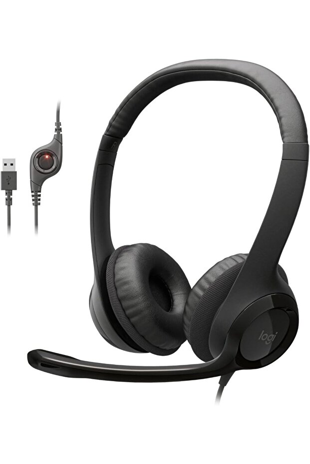 H390 Wired Headset, Stereo Headphones with Noise Cancelling Microphone, USB, In Line