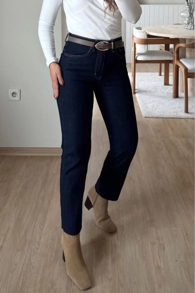 Women's Cut-Hem Navy Blue Stretch Fabric Pants szbtk2