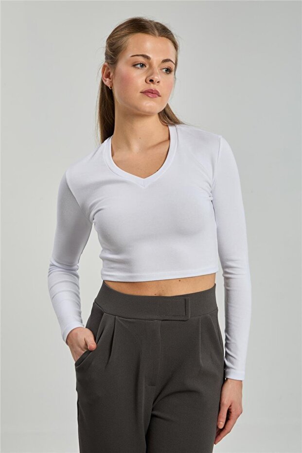 Women's V-Neck Long Sleeve Bodysuit - White
