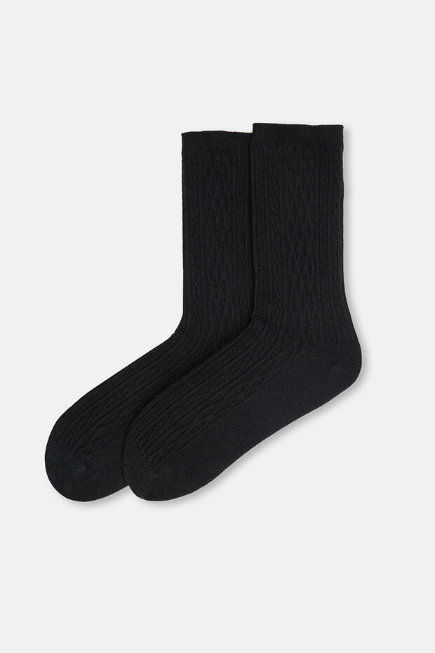 Siyah Kadın Örgü Desen Bambu Çorap - 1