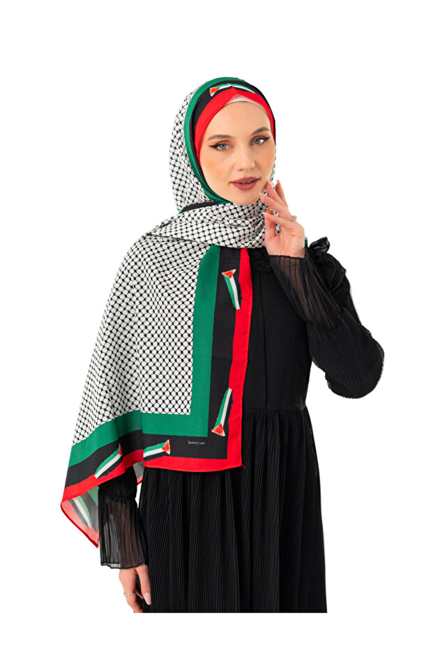 Palestinian Shawl Keffiyeh Patterned Without Tassels Palestinian Shawl with Palestinian Flag Border S100048 - 7