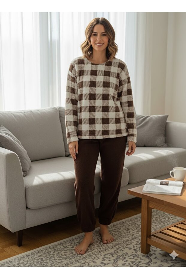 Women's Brown Plaid Plush Pajama Set