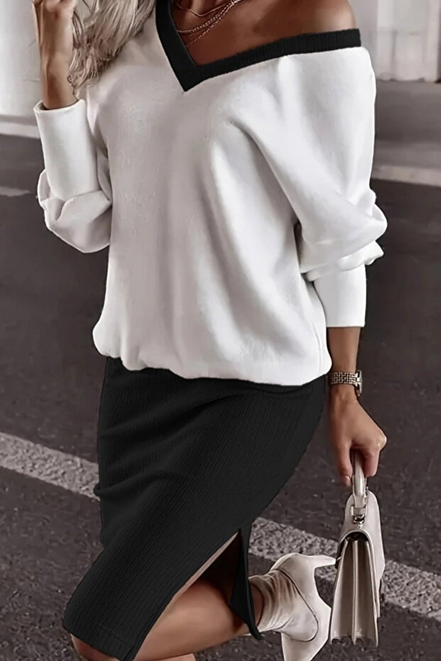 New Season Women's Long Sleeve V-Neck Viscose Two Thread Blouse and Mini Skirt Two-Piece Set