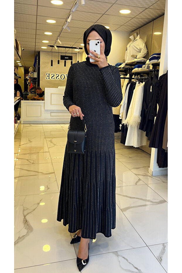 Tığ Triko Siyah Simli Elbise - 3