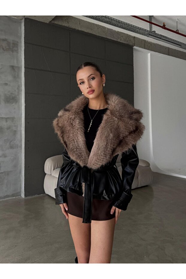 Collar Fur Detail Brand Model Belted Leather Trench Coat