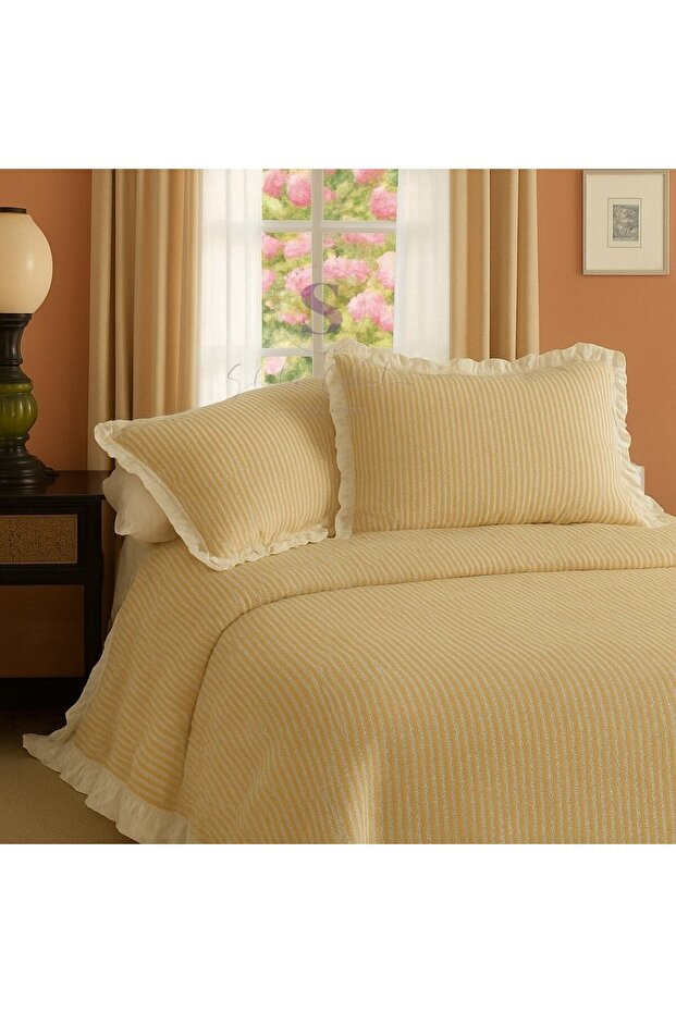 Yellow-Beige 100% Cotton Ruffle Yarn-Dyed Double Duvet Cover Set,Modern Striped Bedding Set