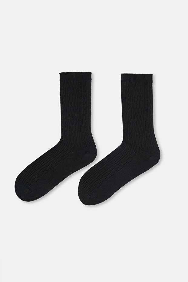 Siyah Kadın Örgü Desen Bambu Çorap - 2