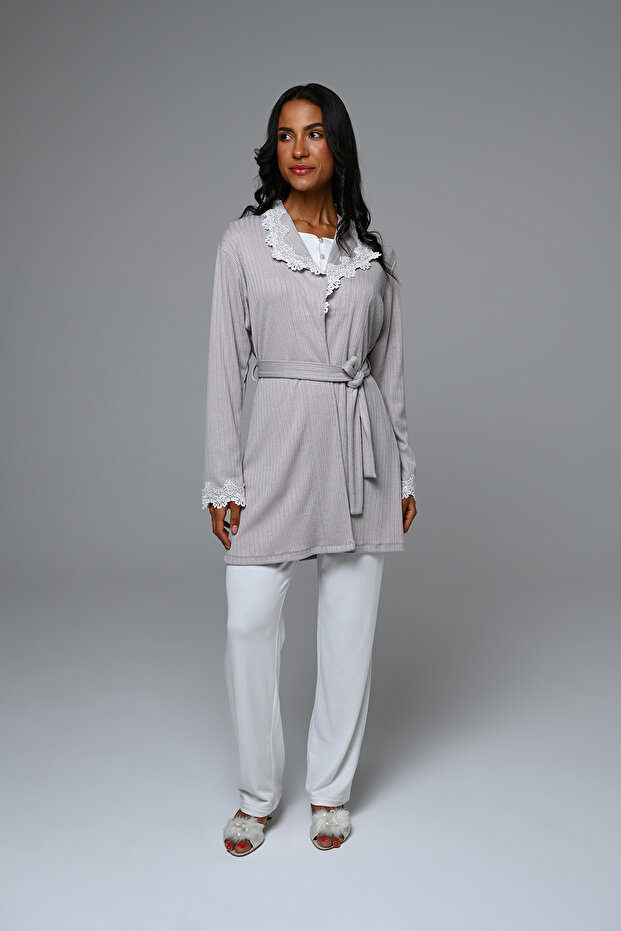 Lace Robe Long Sleeve Button Collar Women's Pilama Set 3-Piece Set