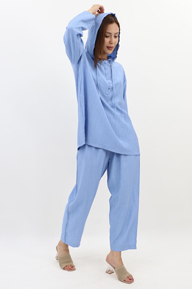 Kumaş Kapüşonlu Basic Takım - Mavi - 6