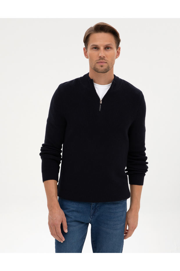 Navy Blue Slim Fit High Neck Zippered Knitwear Sweater 50317363-Vr033