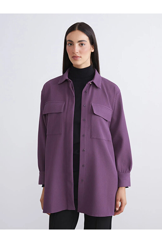 LCW Modest Mor Oversize Kadife Kadın Gömlek Tunik - 1