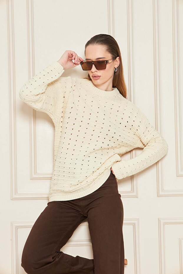 Cream Openwork Oversize Knit Sweater