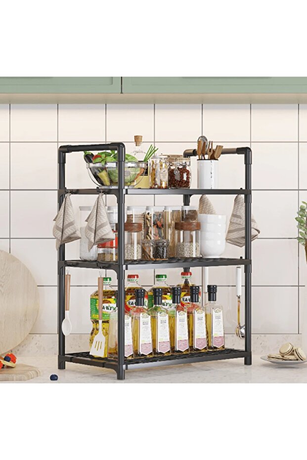 3-Tier Storage Rack Shelf Organizer – Multi-Purpose Kitchen Bathroom Counter Stand with Hooks Handle