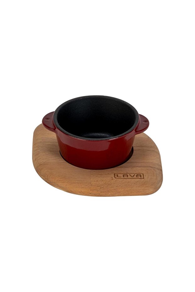 Cast Iron Round Soufflé / Sauce Dish with Wooden Base. Diameter (Ø)8Cm.-Burgundy