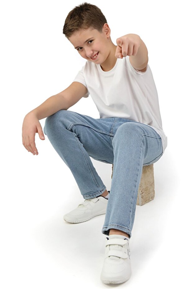 Boy's Slim Fit Slim Fit Straight Leg Blue Jean Trousers with Pockets