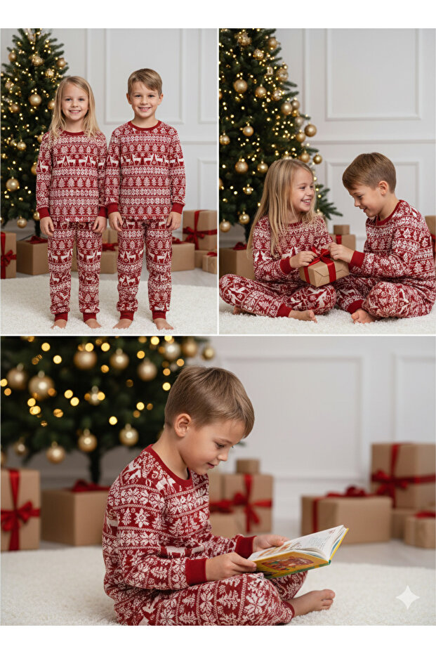 HVC Çocuk Noel Yılbaşı Pijama Takımı (Unisex) – Kırmızı / Yılbaşı Desenli - 3