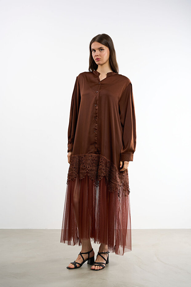 Tüllü Dantelli Elbise - 1