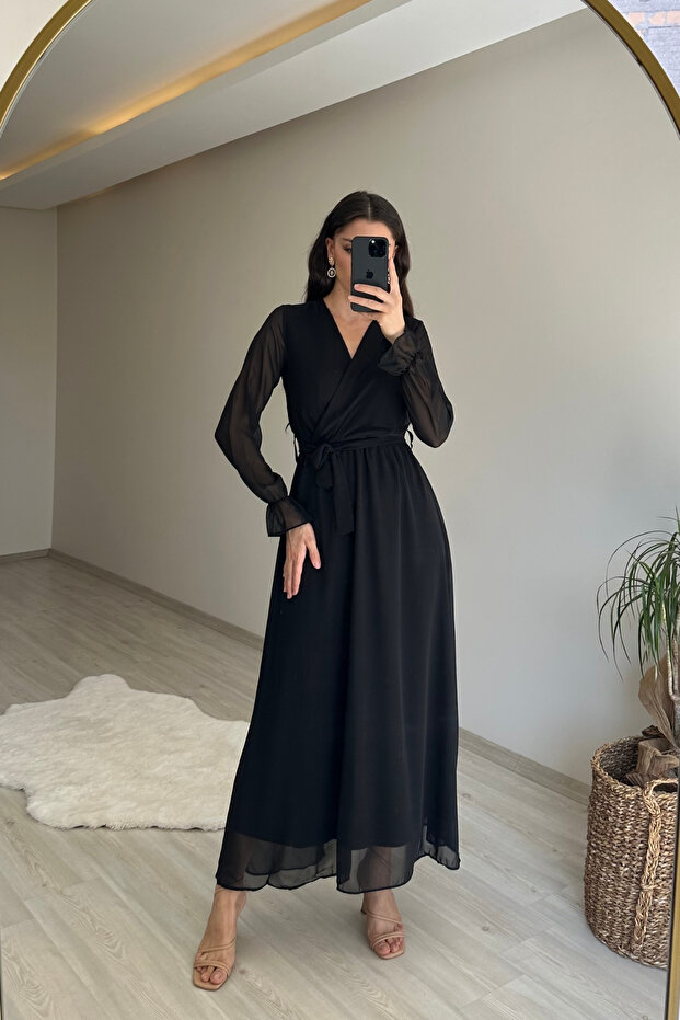 Women Long Sleeve Belted Maxi Chiffon Dress Nm001