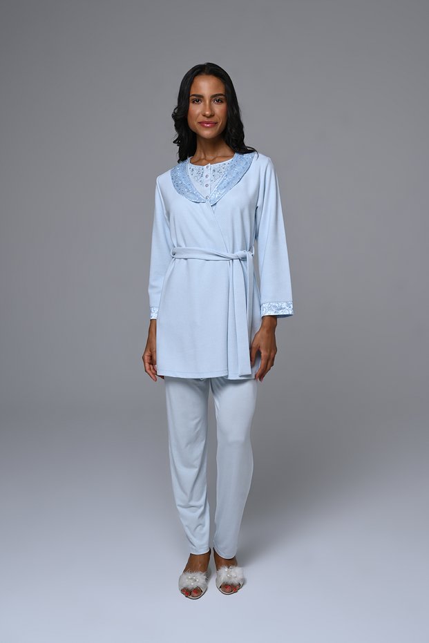 Women's Blue Shawl Collar Winter Special Design Maternity Maternity Dressing Gown Pajama Set 3-Piece Set