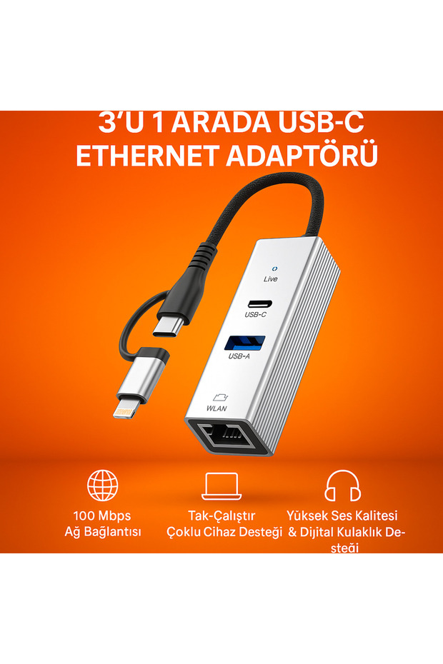 Alüminyum 3in1 Ethernet Adaptör 100Mbps, USB-C & USB-A, WLAN, Klavye & Kulaklık Desteği | LC-31L - 1